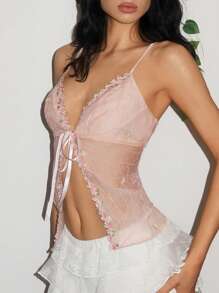 EgrlEra Sexy Damenoberteil aus Voile-Spitze mit Schleife, Jacquard-Strick und Stickerei, ärmelloser Pullunder