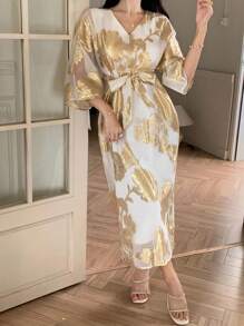 DAZY 女士优雅提花长裙，夏季 - 黃色 - 查看 5