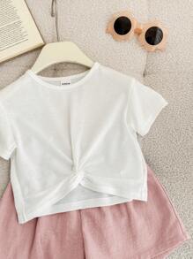 SHEIN Leap Crew Babygirl 夏季可爱针织白色短袖扭纹上衣短裤套装 - 彩色 - 查看 6