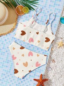 SHEIN 复古心形印花年轻女孩休闲修身吊带背心和三角裤泳装套装，适合夏季 - 彩色 - 查看 2