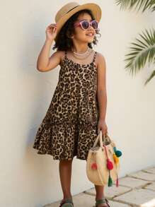 SHEIN Vestido de tirantes estampado de leopardo tejido para niña joven - Caqui - Ver 9