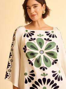 CAJUNI Plus Size Women Bohemian Vacation Print V-Neck Lace-Up Loose Long Sleeve Short Casual Dress - Apricot - View 6