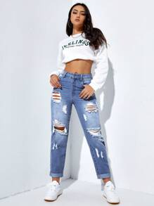 SHEIN EZwear 女式破洞高腰带口袋七分牛仔裤，夏季 - 藍色 - 查看 4