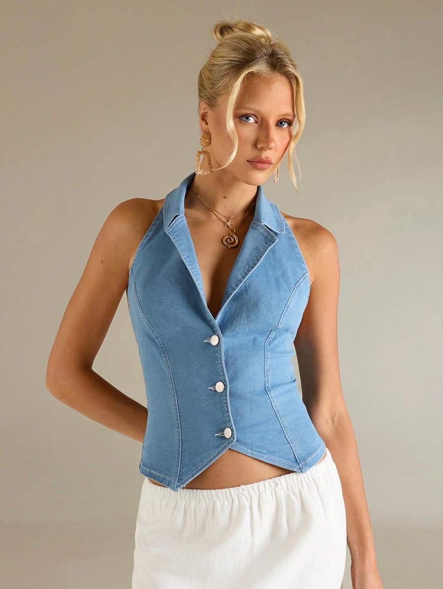 SHEIN Forever 21 Áo sơ mi denim cổ điển High Street Hottie Music Festival - Màu xanh nhạt - Xem 1