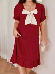 Dream Adore Plus Size Wine Red & White Contrast Color Bowknot Decor Square Collar Ruffle Puff Sleeve Nightgown Maxi Dress, Plus Size - Burgundy - View 3