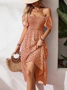 Breezaya 方领碎花休闲夏季短袖连衣裙超长度假海滩装女装 - 亮橙色 - 查看 3