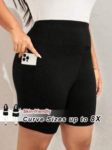 SHEIN CURVE+ Plus Size High Waist Double Pocket Leisure Sports Comfortable Leggings - Black - View 1