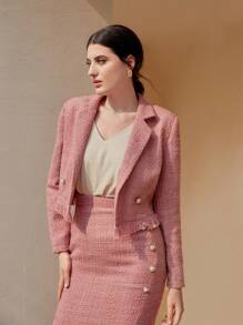 Modelyn Fringe Trim Button Front Tweed Blazer - Dusty Pink - View 6