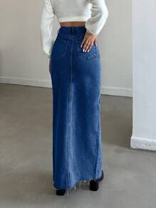 EURMUSE Chân váy denim màu trơn xẻ tà dài đến đùi có túi bên hông dành cho nữ - Rửa trung bình - Xem 2