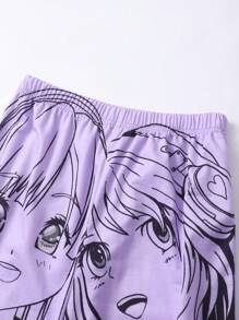 SHEIN Sparklyn 2pcs/Set Teenage Girls Cartoon Print Hooded Sweatshirt And Pants Outfit - Purple - View 4