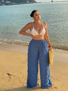 Flirla Pantalon ample à jambe droite en tissu texturé avec taille élastique, grande taille - Bleu azur - Voir 5