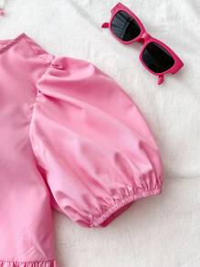 SHEIN 少女夏季粉色纯色编织休闲泡泡袖蝴蝶结衬衫，简约时尚，适合日常穿着，休闲日常穿着 - 玫紅色 - 查看 7