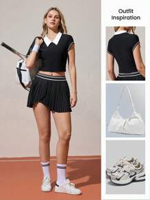 Gameset SHEIN Sport 女款夏季拼接領短版運動 Polo 衫健身上衣高爾夫套裝 - 彩色 - 查看 4