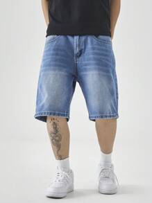 Manfinity EZcore 大码男士夏季休闲水洗牛仔短裤 - 中等水洗藍 - 查看 4