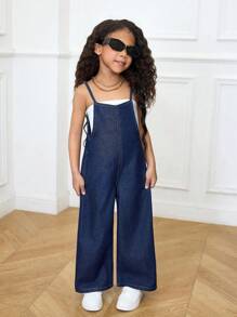 SHEIN 年轻女孩深蓝色牛仔连体裤 - 深色水洗藍 - 查看 2