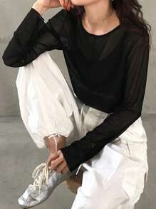 FRIFUL 女士圆领吊带背心，修身透视长袖女上衣，秋季女装 - 黑色 - 查看 6