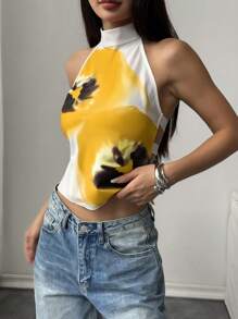 SHEIN EZwear 女式夏季花卉印花露背吊带背心 - 黃色 - 查看 3