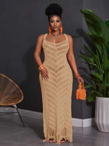 Slaydiva Plus Size Summer Sleeveless Vacation Hollow-Out Sheer Maxi Bodycon Dress Mesh Maxi Dress Knit Maxi Dress Gold Maxi Dress Tan Maxi Dress - Khaki - View 4