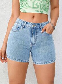 SHEIN Essnce Casual Washed Stretchy Slim Fit Denim Shorts - Light Wash - View 2