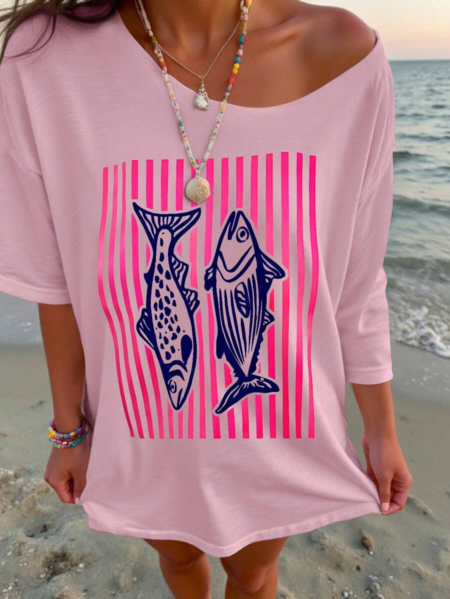 INAWLY 复古不对称肩部不对称沙丁鱼图案 T 恤，海鲜假期复古印花上衣，美学衬衫，90 年代风格