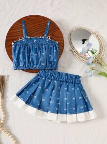 2 Stücke/Set Baby Mädchen Frühling & Sommer eleganter Stil Schleifen-Form Stick-Ärmellos Top & kurzer plissierter Rock - Blau - Übersicht 2