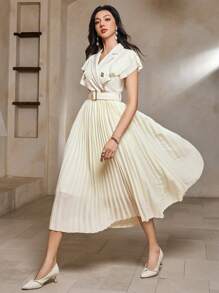 DAZY Women's Cream-Yellow Trench Vest-Style Chiffon Mesh Patchwork Cinched Waist Elegant Dress, Spring/Summer Maxi Dress - White - View 2