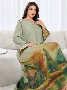 Al Najma 大码女式风景印花缺口领优雅长袖土耳其和阿拉伯风格长裙，端庄的卡夫坦 - 彩色 - 查看 6