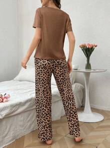 Leopard Print Bowknot Pattern Short Sleeve Pants Women Pajama Set