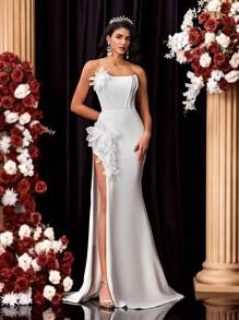 Glamrae Elegant White Glossy Elastic Satin Tube With Fishbone Strips, Romantic 3D Three-Dimensional Floral Fishtail High Slit, Suitable For Graduation And Homecoming Season Wedding Events And Gift-Giving Parties, Light Wedding Dresses For Brides, Heavy-Duty Evening Dresses, Formal, Party Dress, Gown, For Wedding Guest - White - View 5