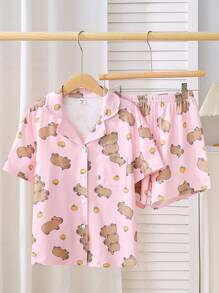 2 Peças Conjunto de Roupas Casuais de Manga Curta e Shorts com Estampa de Capivara Cartoon para Meninas Pré-Adolescentes, Moda de Volta às Aulas - Multicolorido - Visão 6