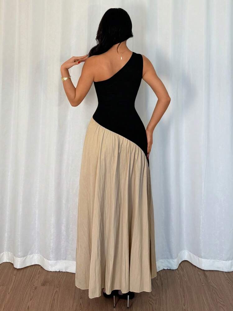 Chiquease 1 件女式无袖单肩褶饰设计连衣裙 - 黑色 - 查看 2