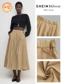 BizChic 2025 Autumn Women's Khaki Pleated Waist Slant Pocket Flared Hem Design Skirt, Elegant Business Casual Everyday Commute, Suitable For Beach Resort, Wedding Guest, Brunch, Airport, 90s Retro Style, Office Wear, Teacher Attire