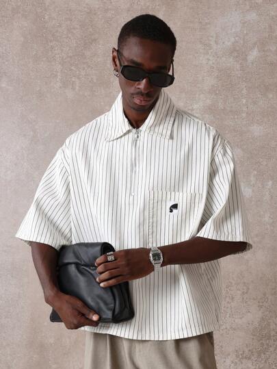 SUMWON Classic Pinstripe Half Zip Oversized Denim Shirt Long Sleeves Relaxed Fit Streetwear Summer Casual Japanese Workwear Style Designer Shirt