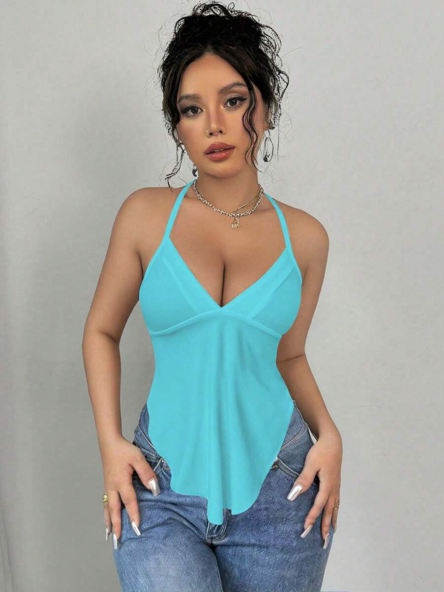 SHEIN PETITE 小巧深V领不对称下摆修身性感背心性感女式白色背心简约日常吊带背心 - 水鴨藍 - 查看 1