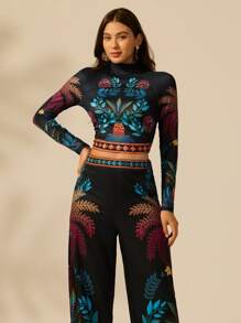 CAJUNI Maglietta da donna a maniche lunghe, collo alto, vita arricciata, vestibilità slim, stampa tropicale colorata e casual per le vacanze
