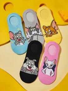 TOM & JERRY X SHEIN 5双女士透气吸湿排汗薄款隐形袜子，卡通可爱猫、老鼠、狗图案，加固后跟，适合春夏季 - 彩色 - 查看 2