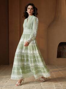 Anewsta 法式优雅宫廷开放式设计蕾丝边长裙，柔软浪漫，适合春季、节日、假期 - 綠色 - 查看 5