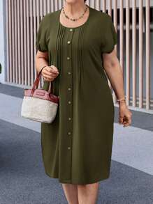 Miaspire Vestido casual de verano de manga corta con bolsillo, cuello redondo y unicolor, talla grande