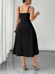 Auvina 大码女式纯色优雅低领细肩带连衣裙 - 黑色 - 查看 2