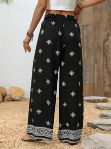SHEIN PETITE 女士几何印花阔腿裤 - 黑色 - 查看 2