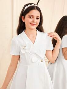 SHEIN 青少年女孩休闲优雅法式复古翻领泡泡袖 A 字纯色荷叶边梭织连衣裙，白色 - 白色 - 查看 4