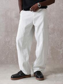 SUMWON High Rise Carpenter Skater Pants Wide Leg Striped Twill Streetwear Workwear Utility Casual Relaxed Fit Fall Winter Fashion - Black and White - View 4