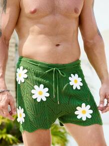 Manfinity VDAYZ Pantaloni scurți casual tricotați pentru bărbați, cu talie cu șnur și imprimeu floral