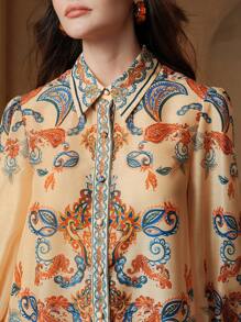 Anewsta 女士度假两件套 - 长袖衬衫+半裙套装，优雅春季/节日/假日/海滩造型 - 棕色 - 查看 5