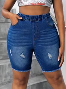 SHEIN SXY 大码松紧腰带破洞口袋休闲牛仔机车裤 - 中等水洗藍 - 查看 8