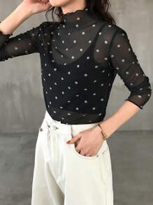 FRIFUL 女式立领荷叶边装饰透明网眼全身印花长袖优雅上衣，适合夏季、秋季服装