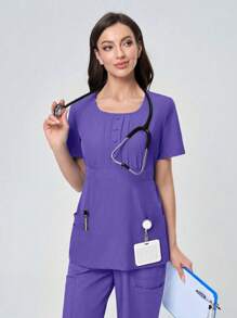 TaskEZ Top de uniforme de cirugía con pliegues, decoración de botones y color liso - Morado - Ver 8