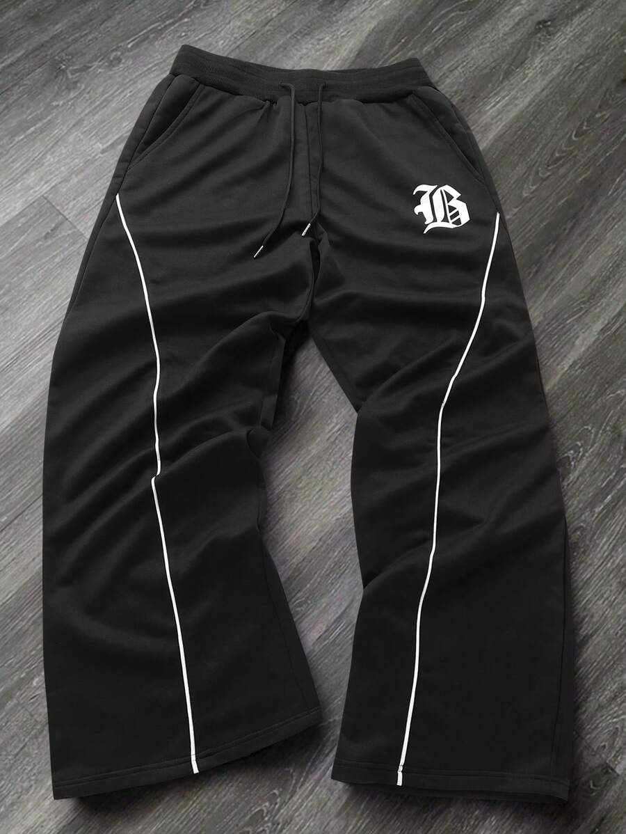 Manfinity EMRG Plus Size Men's Contrast Color Trimmed Drawstring Waist Pockets Casual Sweatpants - Black - View 1