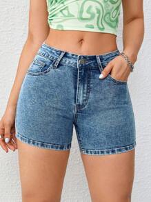 SHEIN Essnce Casual Washed Elastic Fitted Denim Shorts - Medium Wash - View 2