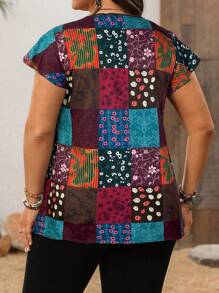 EMERY ROSE Plus Size Vacation Casual Patchwork Printed Cap Sleeve Blouse,Summer - Burgundy - View 2